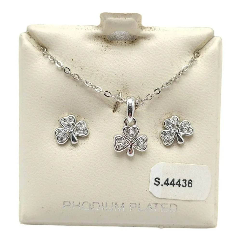 Solvar Clear Rhinestone Lucky Shamrock Rhodium Plated Necklace Earring Set